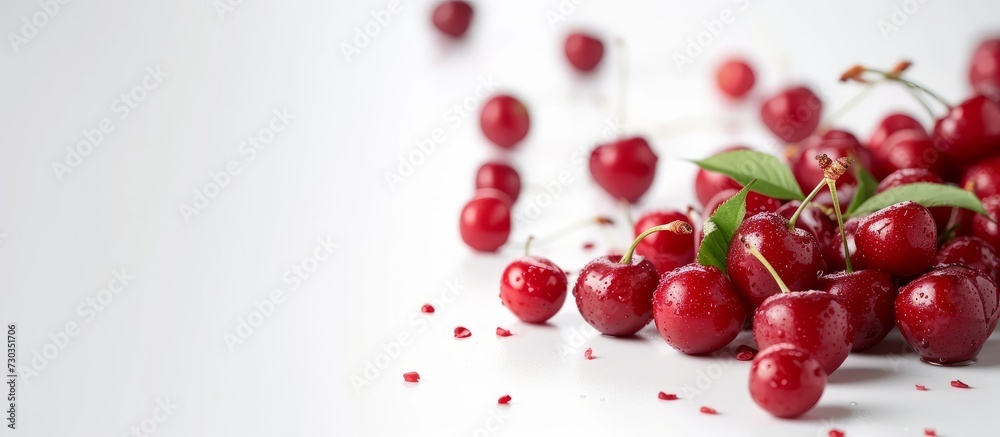 White background with fresh cherries and additional cherries in the distance. White background with fresh cherries and additional cherries in the distance.