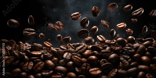 Coffee beans flying in the air on a dark background