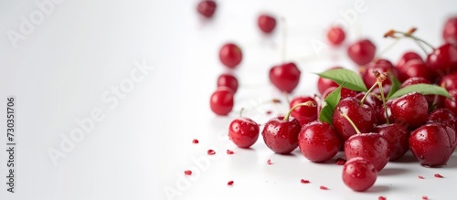 White background with fresh cherries and additional cherries in the distance.
