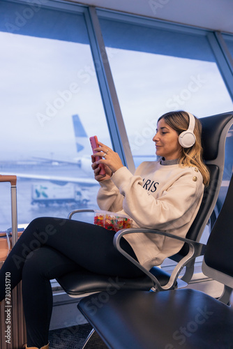 Relaxed attractive caucasian young woman using a smartphone and eating candies at the airport with suitcase next to her wearing headphones