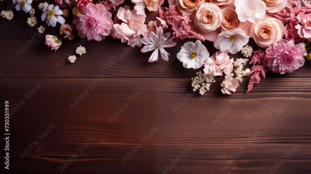 Woden background with roses and beautiful flowers. Woden background with roses and beautiful flowers.