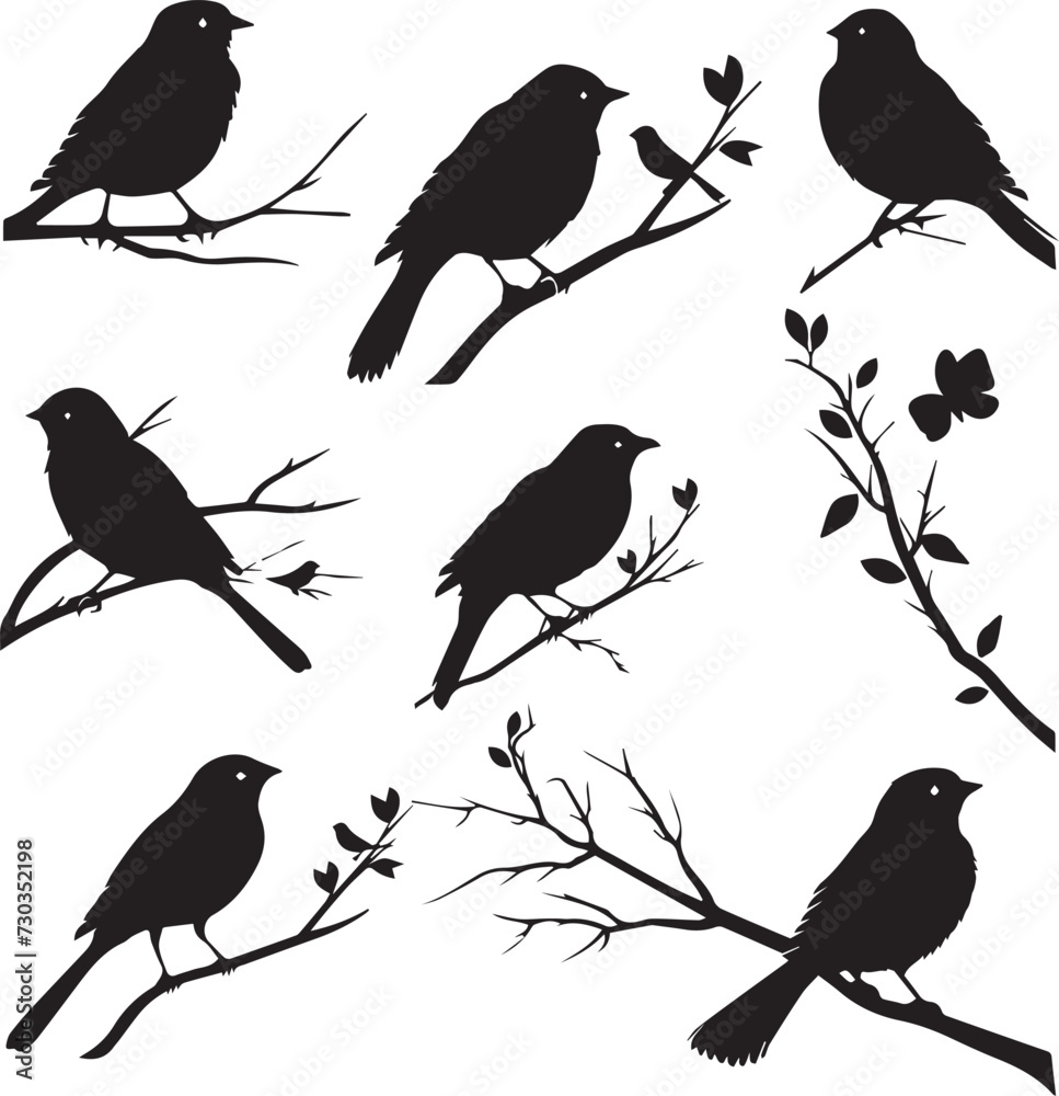 Set of Birds on branches silhouette on white background