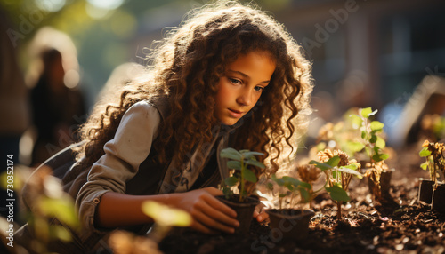 One woman smiling, holding flower pot, planting seedling outdoors generated by AI