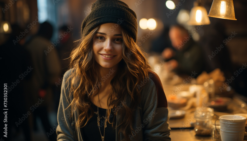 Young woman smiling, looking at camera, enjoying Christmas lights generated by AI Young woman smiling, looking at camera, enjoying Christmas lights generated by AI