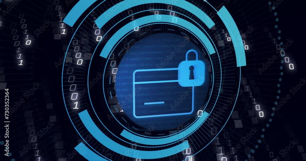 Animation of padlock with file icon, binary coding data processing Animation of padlock with file icon, binary coding data processing