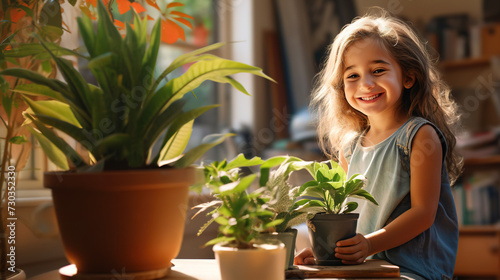 Girl holds potted plant in her hands. Houseplants hobby