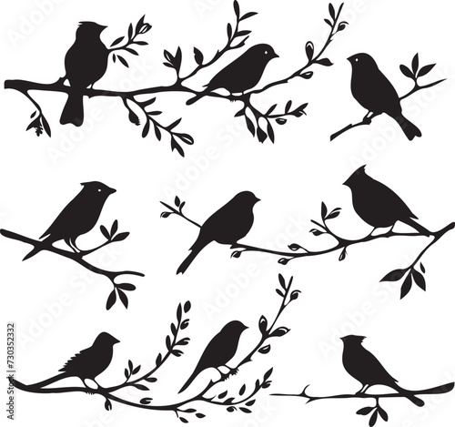 Set of Birds on branches silhouette on white background photo