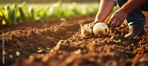 Picking fresh vegetables directly from the soil. The natural connection between man and nature in the harvesting process.