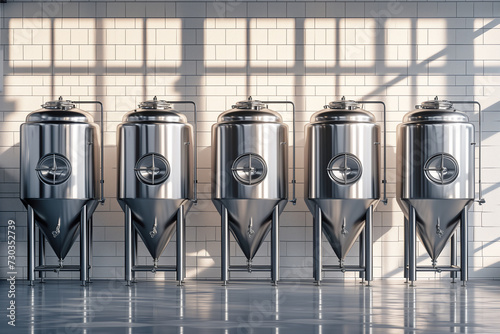 Obraz na płótnie Five tanks in the workshop for fermenting drinks. Cylindrical conical tank made of stainless steel. Concept for the production of beer, wine, whiskey.. w salonie