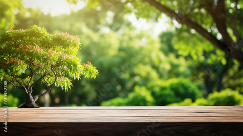 Wooden table with garden blurred bokeh background