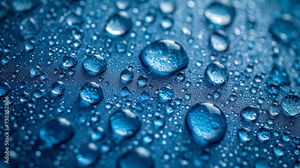 Drops of water on a blue glass texture background