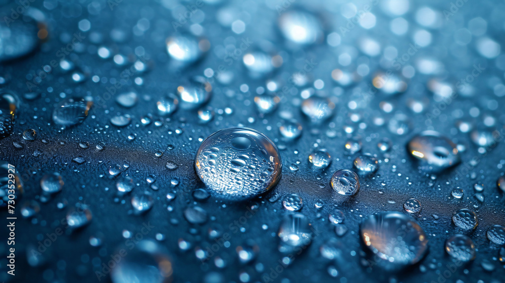 Drops of water on a blue glass texture background