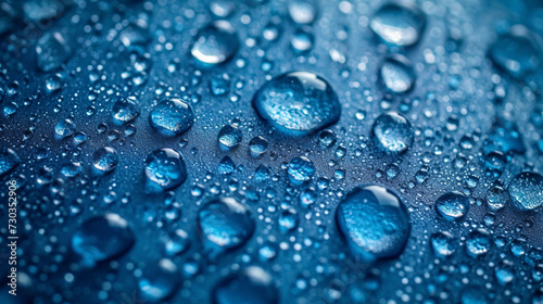 Drops of water on a blue glass texture background