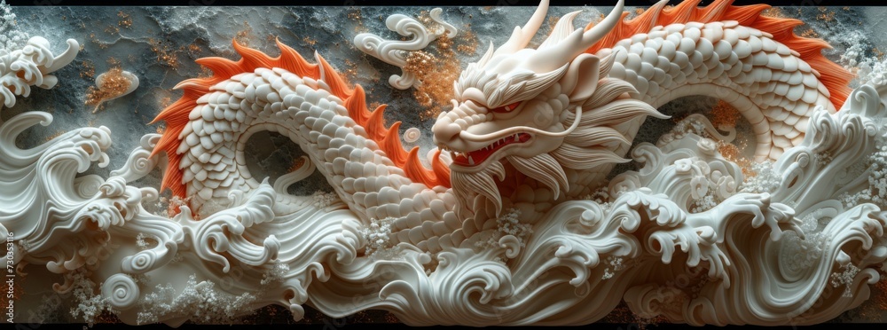 custom made wallpaper toronto digitalCurved dragon emerges majestically from turbulent waves with intricate textures and lively details, showcasing traditional artistry