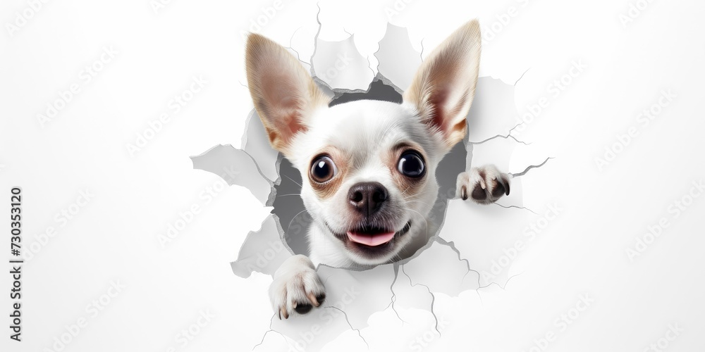 Dog looking up in paper side torn hole, isolated on white background