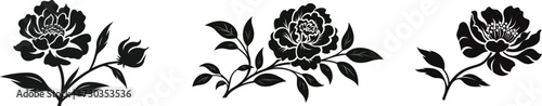 Set of Flower icons. Peony flower with leaves. Peonies hand drawn vector art. Black silhouette of peony flower