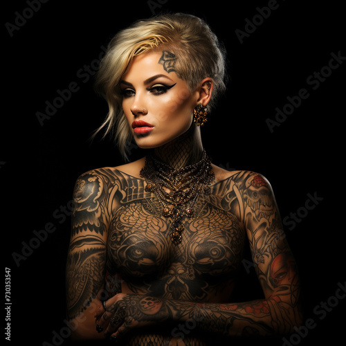 Portrait of a sexy tattooed woman isolated on black background  © Johannes