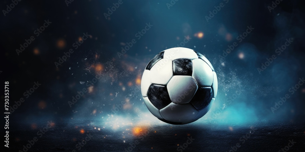 Football or Soccer with spotlight and fade-out shadow in the dark background. Sport and game concept. 3D rendering