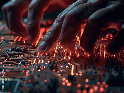 microcircuit board and master's hands. Micro chip. Colored backlight