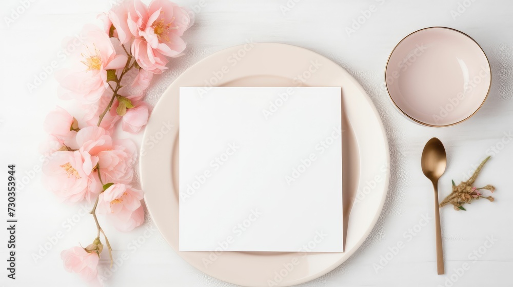 Greeting card mock up. Blank paper invitation, craft envelope on ceramic plate isolated on white table background, top view Greeting card mock up. Blank paper invitation, craft envelope on ceramic plate isolated on white table background, top view