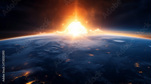 A breathtaking view of Earth from space, with the explosion of a giant atomic bomb, at the beginning of the third world war. Epic detonation for a wallpaper. photo