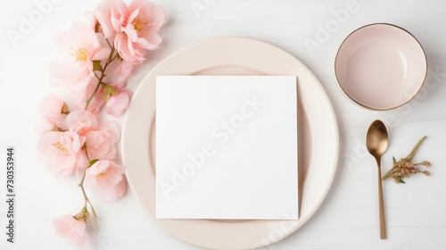 Greeting card mock up. Blank paper invitation, craft envelope on ceramic plate isolated on white table background, top view 