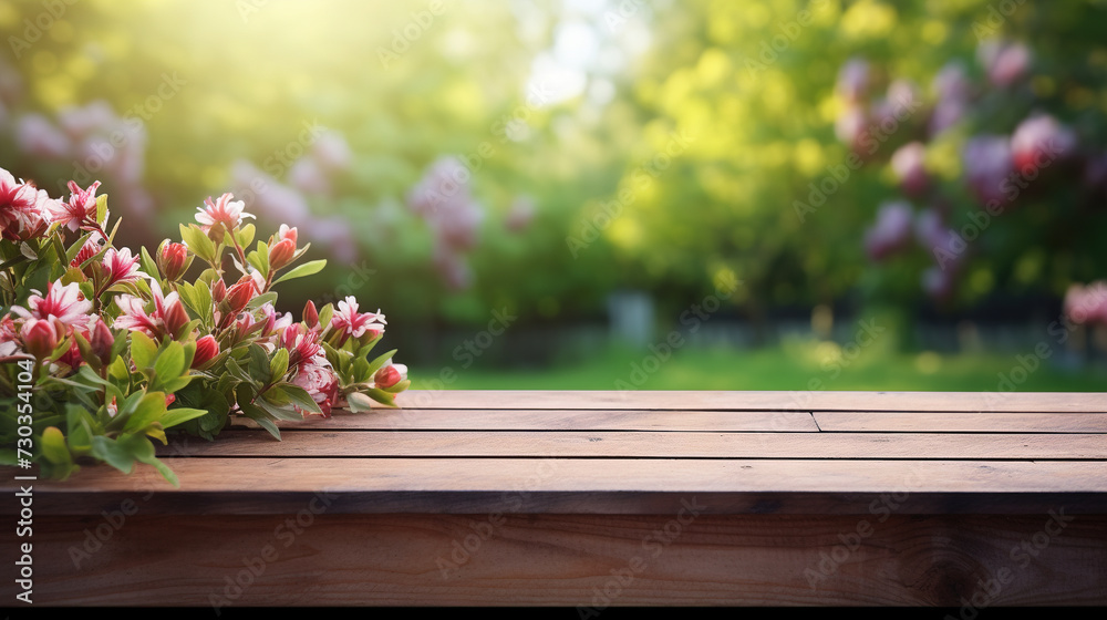 Wood table with flowers on blurred background