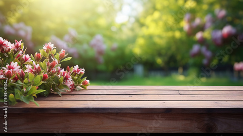 Wood table with flowers on blurred background © Philippova