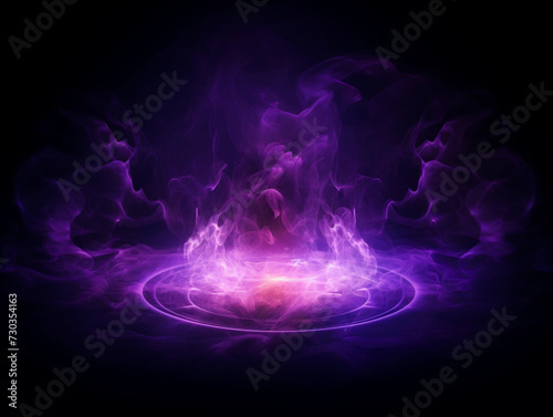 Smoke exploding outward from circular empty center, dramatic smoke or fog effect with purple scary glowing for spooky Halloween background. 