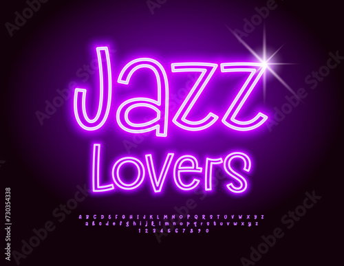 Vector artistic poster Jazz Lovers. Purple Neon Font. Led Illuminated Alphabet Letters and Numbers set