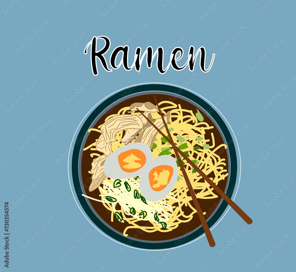 illustration of ramen bowl with boiled egg and chopsticks. illustration of ramen bowl with boiled egg and chopsticks.
