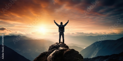 Silhouette of male on the mountain with open arms, Successful hiker exult on the top of the rock, Leadership concept 