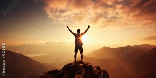 Silhouette of male on the mountain with open arms, Successful hiker exult on the top of the rock, Leadership concept 