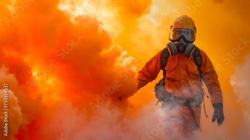 Rescue man in firefighter uniform and oxygen mask walk through orange signal smoke photo