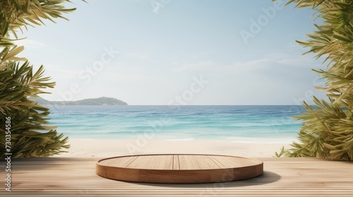 Wooden platform podium with a beach in the background, product presentation