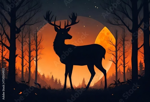 a silhouette of deer standing in the middle of a forest in night with orange moon light in the background