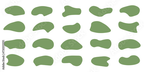 Abstract green irregular blot form. Random shapes of cube, pebble, inkblot, amoeba, drops and stone silhouettes. Blotch texture vector set, Green organic blob shape irregular form abstract vector 