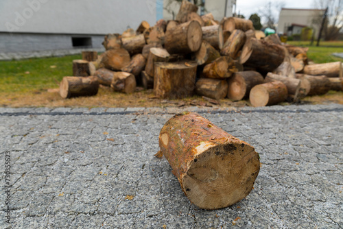 An ax for splitting firewood stuck into a stump for chopping wood.