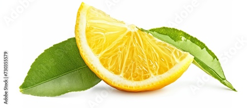 Isolated on a white background, a lemon slice with a leaf.