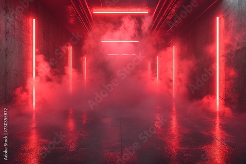 Sci Fi Futuristic Smoke Fog Neon Laser Garage Room Red Electric Cyber Undergound Warehouse Concrete Reflective Studio Podium Club 3D Rendering