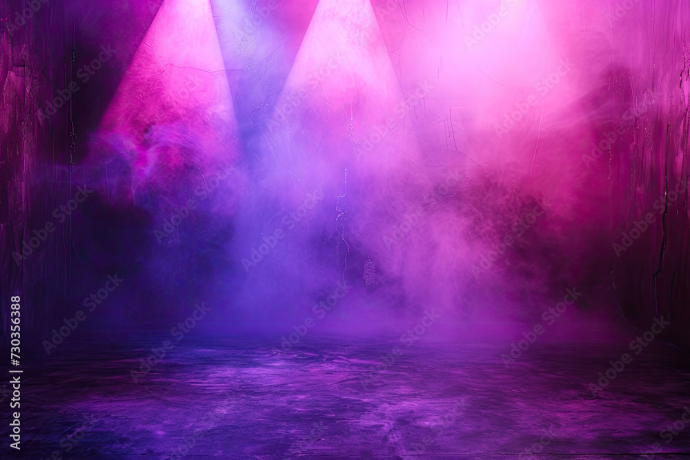 Fototapeta premium An illuminated stage featuring scenic lights and smoke effects. A pink and blue neon vector spotlight casts its glow amidst the smoke, creating a voluminous light effect