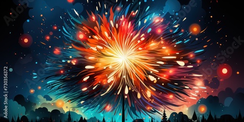 Colorful fireworks bursting in the night sky with a forest silhouette