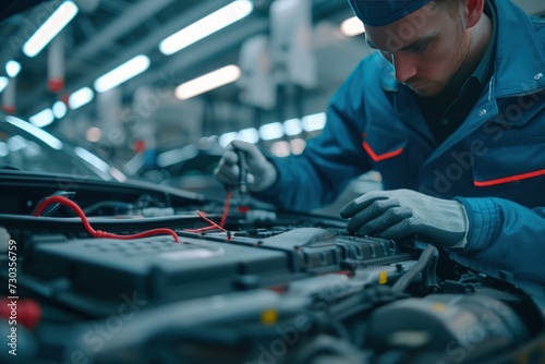 Check and maintain the battery in the car. Auto mechanic workers check and replace car batteries at auto repair service centers.