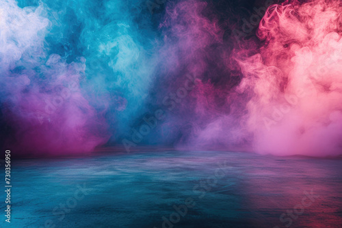 An illuminated stage featuring scenic lights and smoke effects. A pink and blue neon vector spotlight casts its glow amidst the smoke  creating a voluminous light effect