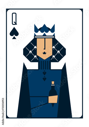 Stylised minimalist image of a playing card with the queen of spades holding a bottle of potion 