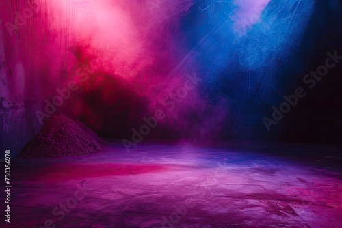 An illuminated stage featuring scenic lights and smoke effects. A pink and blue neon vector spotlight casts its glow amidst the smoke, creating a voluminous light effect photo