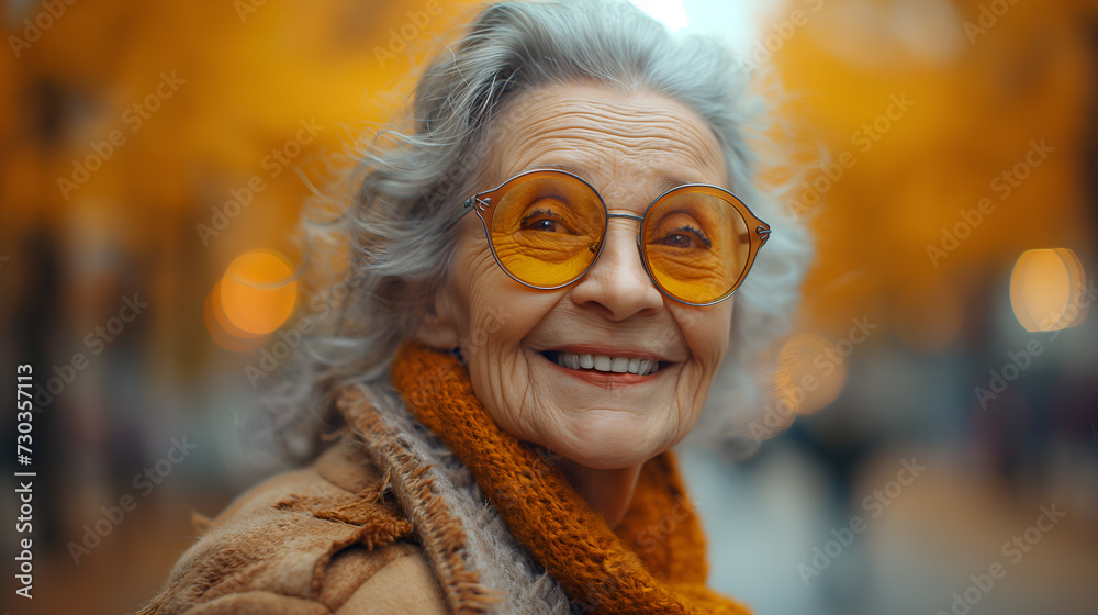 Mature beauty concept. Elderly smiling woman with orange sunglasses on transparent background. Autumn time. Selective focus. Copy space. Happiness concept Mature beauty concept. Elderly smiling woman with orange sunglasses on transparent background. Autumn time. Selective focus. Copy space. Happiness concept