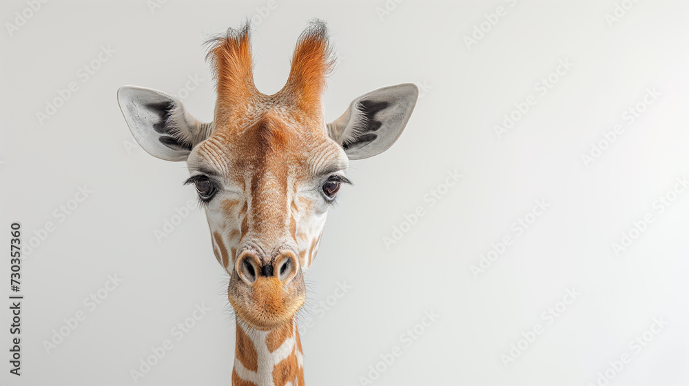 White and orange giraffe on grey background. Selective focus. Copy space. Animal care concept. 