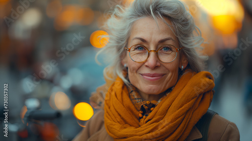 Elderly beautiful smiling woman dressed in orange scarf and coat and with glasses on transparent background.  Selective focus. Copy space. Happiness concept 