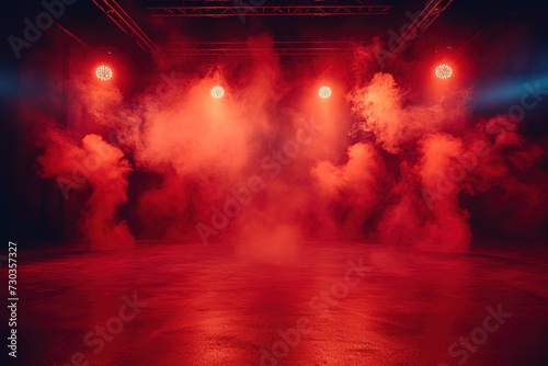 The dark stage shows  red background  an empty dark scene  neon light  spotlights The asphalt floor and studio room with smoke float up the interior texture for display products